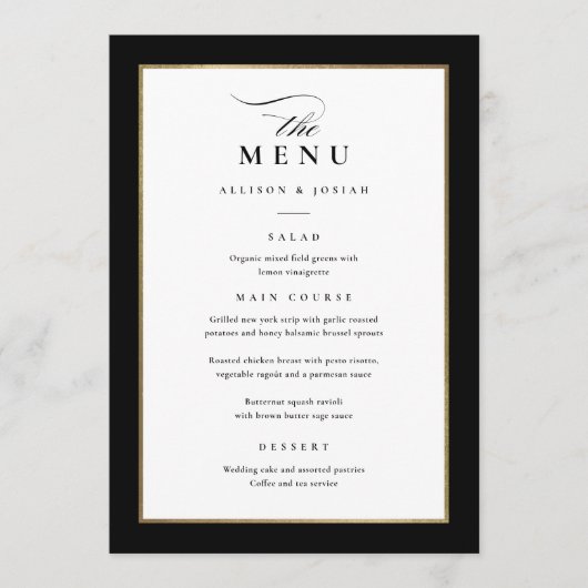 Elegant Black and Gold Wedding Menu (Voorkant)