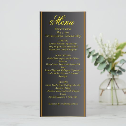 Elegant Black and Gold Wedding Menu (Staand voorkant)