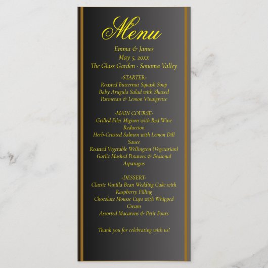 Elegant Black and Gold Wedding Menu (Voorkant)