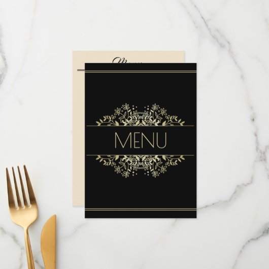 Elegant Black and Gold Wedding Menu (Voorkant / Achterkant in situ)