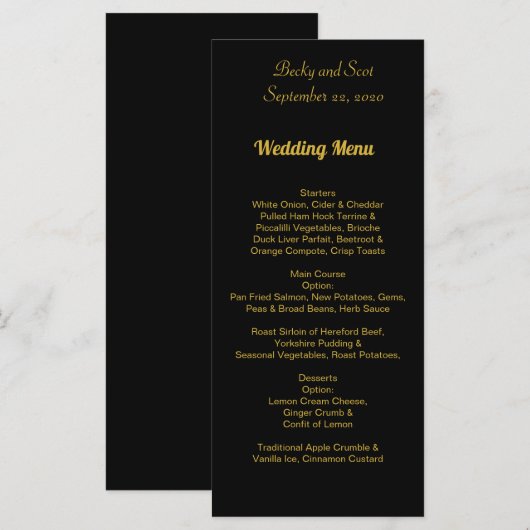 Elegant Black and Gold Wedding Menu Card (Voorkant / Achterkant)