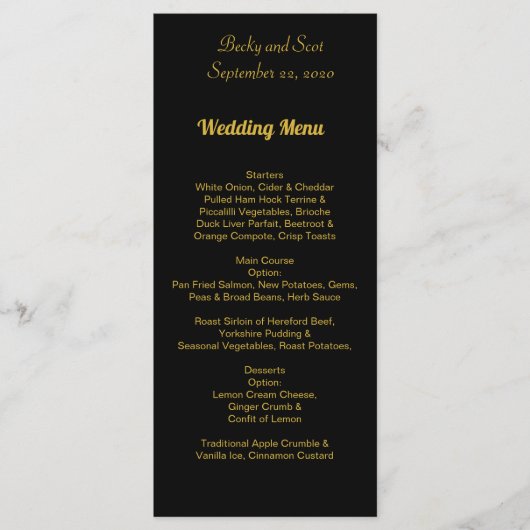 Elegant Black and Gold Wedding Menu Card (Voorkant)