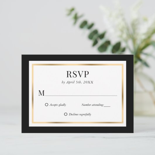 Elegant Black and Gold Wedding RSVP Kaart (Staand voorkant)