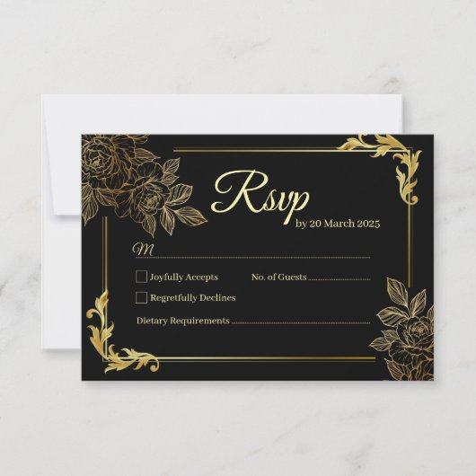 Elegant Black and Gold Wedding RSVP Kaartje (Voorkant)