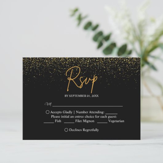 Elegant Black and Gold Wedding RSVP Kaartje (Staand voorkant)