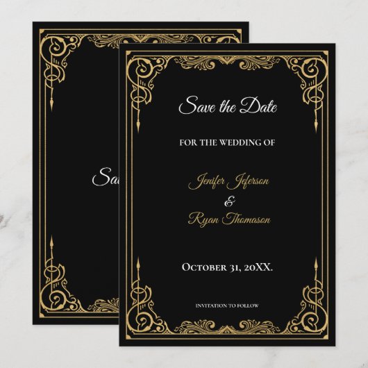 Elegant black and gold wedding save the date aankondiging (Voorkant / Achterkant)