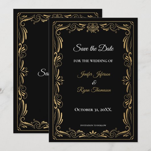 Elegant black and gold wedding save the date aankondiging (Voorkant / Achterkant)