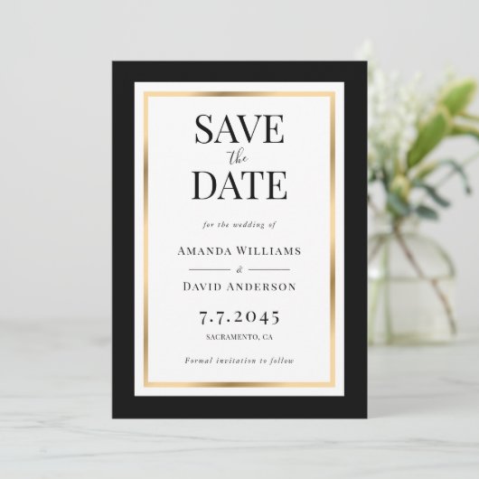 Elegant Black and Gold Wedding Save the Date Kaart (Staand voorkant)