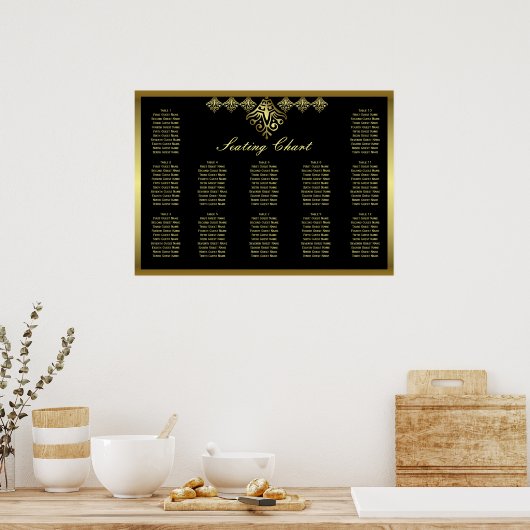 Elegant Black and Gold Wedding Seating Chart Poster (Keuken)