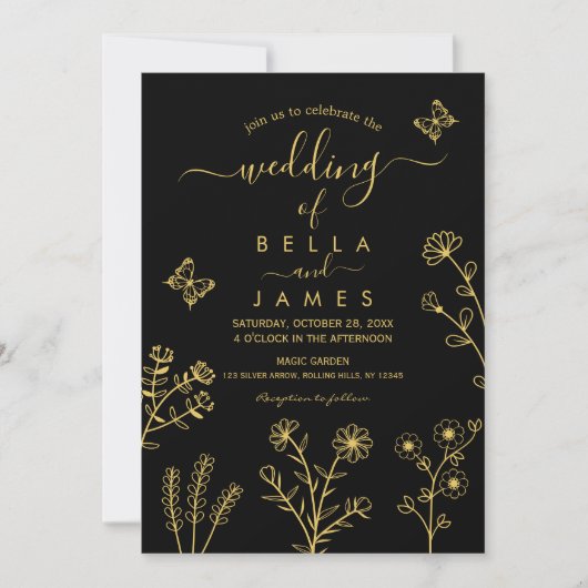 Elegant Black and Gold Wildflower Wedding Kaart (Voorkant)