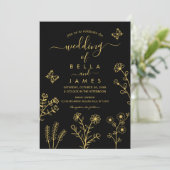 Elegant Black and Gold Wildflower Wedding Kaart (Staand voorkant)