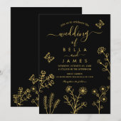 Elegant Black and Gold Wildflower Wedding Kaart (Voorkant / Achterkant)