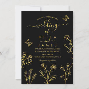 Elegant Black and Gold Wildflower Wedding Kaart