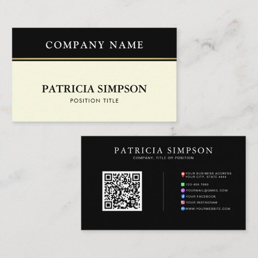 Elegant Black and Ivory Cream Minimalist QR Code Visitekaartje (Voorkant / Achterkant)