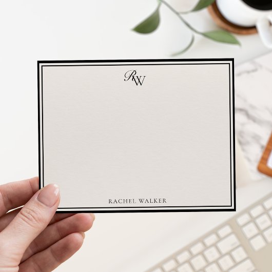 Elegant Black and Ivory Monogram Two Border Notitiekaartje