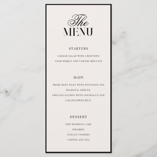 Elegant Black and Ivory Old Money Wedding Menu (Voorkant)
