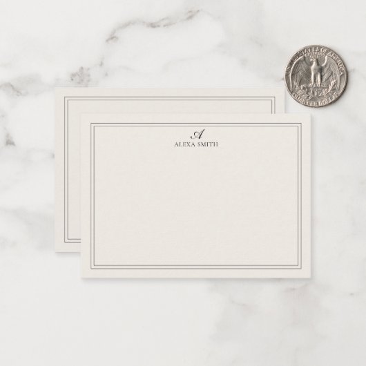 Elegant Black and Ivory Script Monogram Border Notitiekaartje (Voorkant / Achterkant in situ)