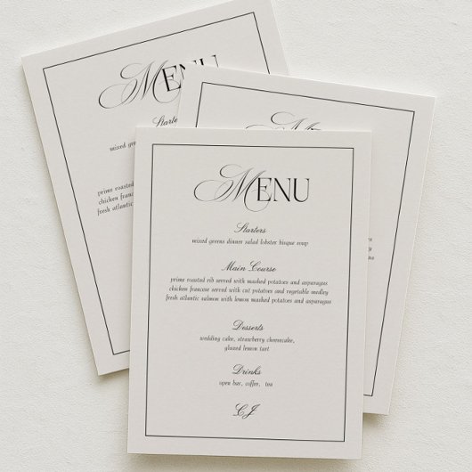 Elegant Black and Ivory Wedding Menu Card Kaart