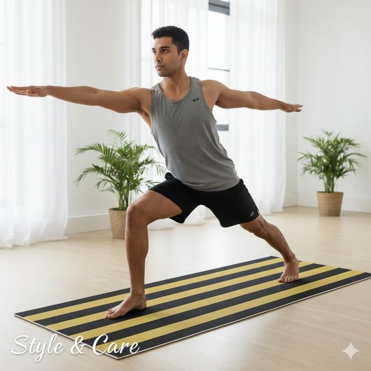 Elegant Black and M Gold Striped Yoga Mat Design
