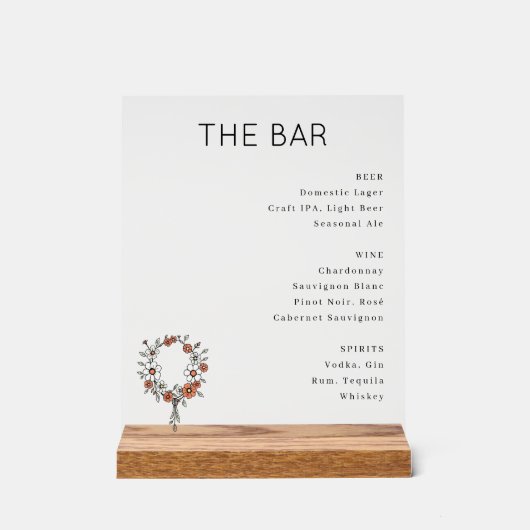 Elegant Black and Orange Floral Bar Menu Acryl Bord (Voorkant)