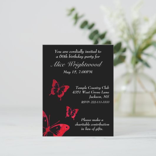 Elegant Black and Red Birthday Invitation Kaart (Staand voorkant)