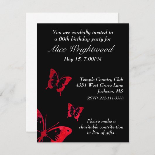 Elegant Black and Red Birthday Invitation Kaart (Voorkant / Achterkant)