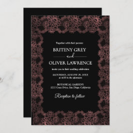 Elegant Black and Rose Gold Floral Lace Wedding Kaart