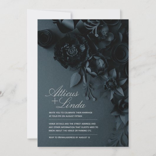 Elegant Black and Silpleding Foral Wedding-uitnodi Kaart (Voorkant)