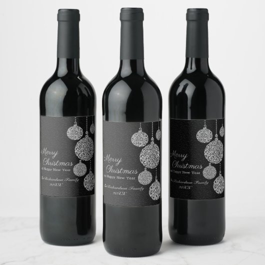 Elegant Black and Silver Christmas Design Wijn Etiket (Flessen)