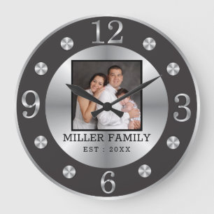 Elegant Black and Silver Family Name Custom Photo Grote Klok