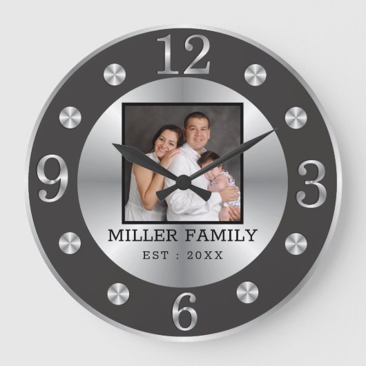 Elegant Black and Silver Family Name Custom Photo Grote Klok (Voorkant)