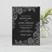 Elegant Black and Silver Floral Lace Wedding  Kaart (Staand voorkant)