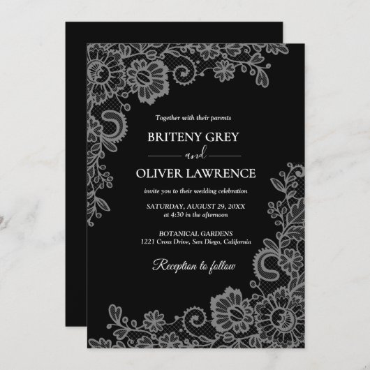 Elegant Black and Silver Floral Lace Wedding  Kaart (Voorkant / Achterkant)