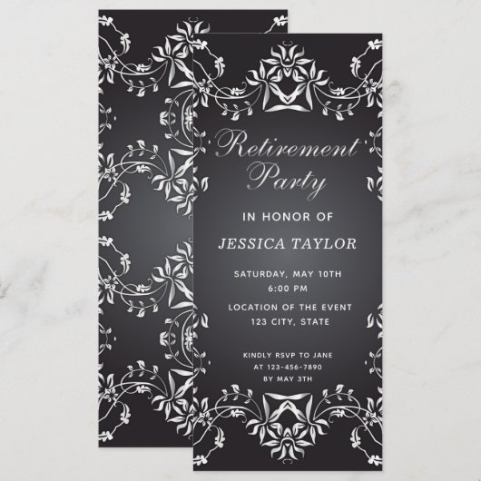 Elegant Black and Silver Retirement Party Kaart (Voorkant / Achterkant)