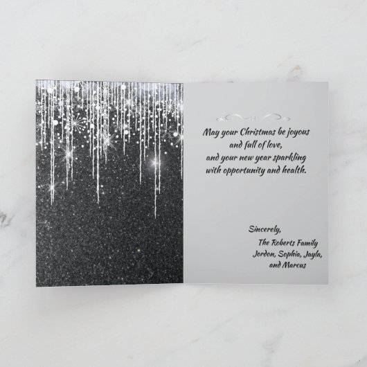 Elegant Black and Silver Sparkle Script Note Kaart (Binnen)