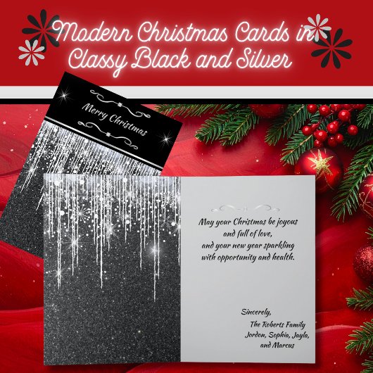 Elegant Black and Silver Sparkle Script Note Kaart