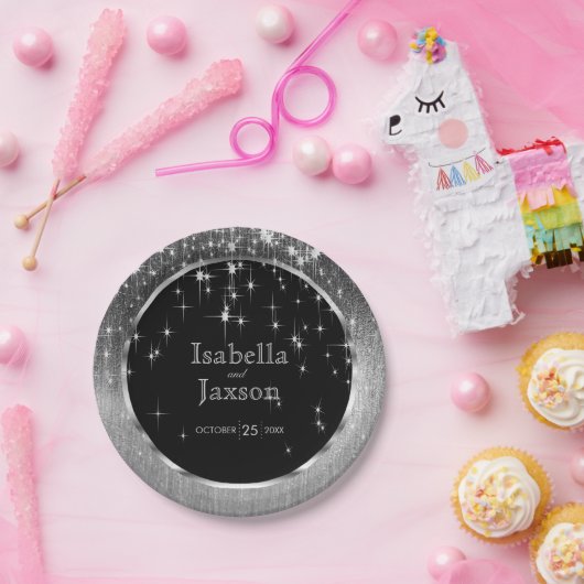 Elegant Black and Silver Starlights Weddenschap Papieren Bordje (Feest)