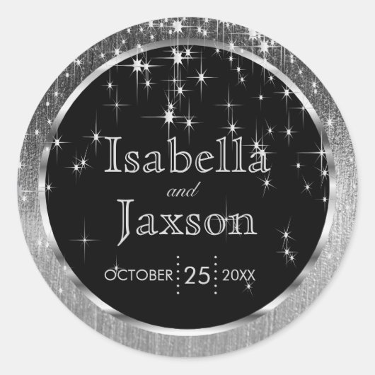 Elegant Black and Silver Starlights Weddenschap Ronde Sticker (Voorkant)