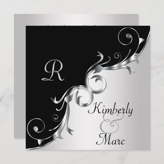 Elegant Black and Silver Swirls Wedding Invitation Kaart (Voorkant / Achterkant)