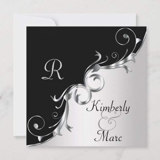 Elegant Black and Silver Swirls Wedding Invitation Kaart (Voorkant)