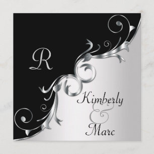 Elegant Black and Silver Swirls Wedding Invitation Kaart