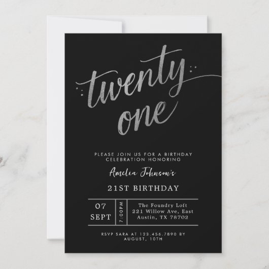 Elegant Black and Silver Twenty One 21st Birthday Kaart (Voorkant)