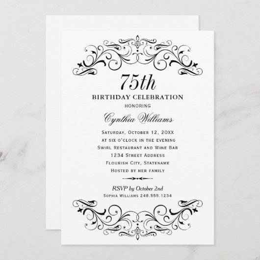 Elegant Black and White 75th Birthday Celebration Kaart (Voorkant / Achterkant)