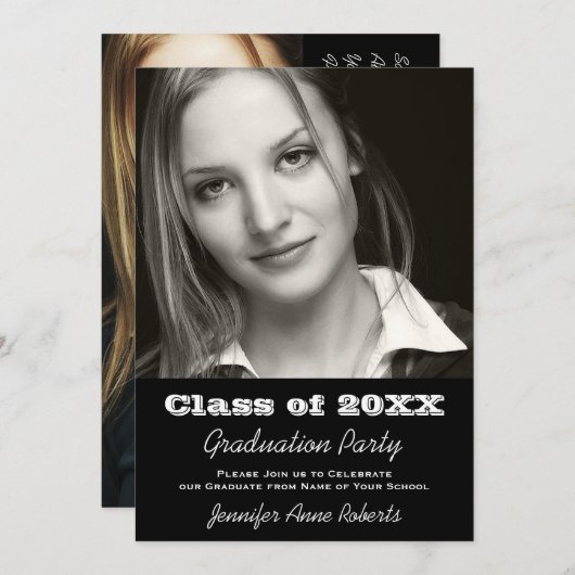 Elegant Black and White Afstuderen Invitation Kaart (Voorkant / Achterkant)