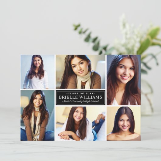 Elegant Black and White Afstuderen Photo Collage Aankondiging (Staand voorkant)