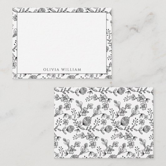 Elegant Black And White Boho Floral Border Name Notitiekaartje (Voorkant / Achterkant)