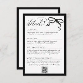 Elegant Black and White Bow Simple Wedding Details Informatiekaartje