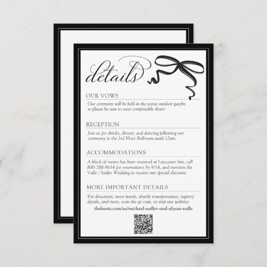 Elegant Black and White Bow Simple Wedding Details Informatiekaartje (Voorkant / Achterkant)