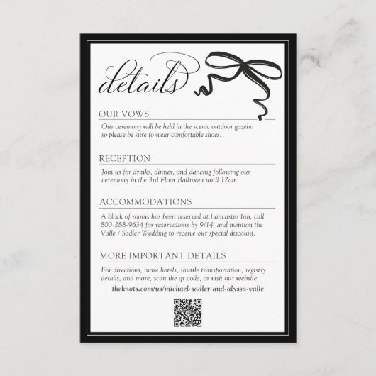 Elegant Black and White Bow Simple Wedding Details Informatiekaartje (Voorkant)
