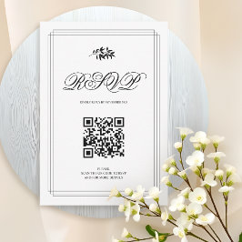 Elegant black and white branch and QR code wedding RSVP Kaartje